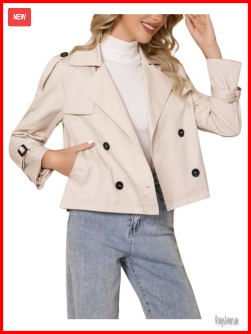 Cropped Trench Coat Double Breasted Long Sleeve Button Jacket